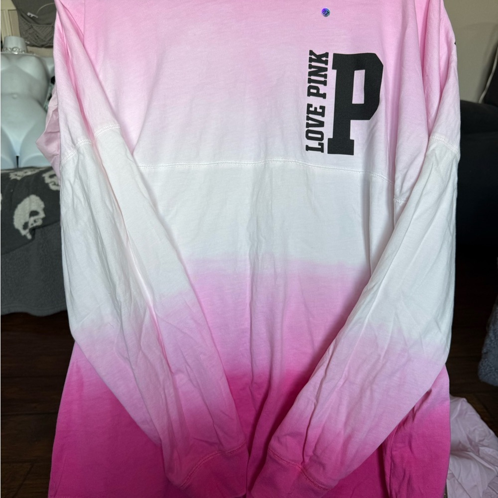 PINK Victoria's Secret Oversized Pink and White Long Sleeve Stadium Tee #87